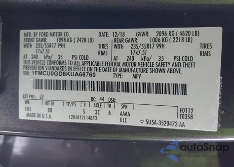 2019 Ford Escape Se from USA, damaged, VIN 1FMCU0GD8KUA68760